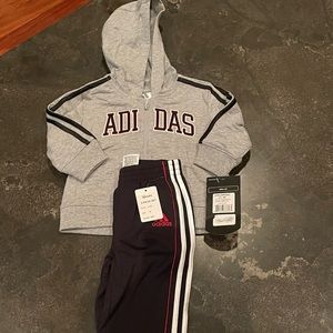 NWT 2pc Adidas hoodie and pants set in grey, black and red . Size 9months